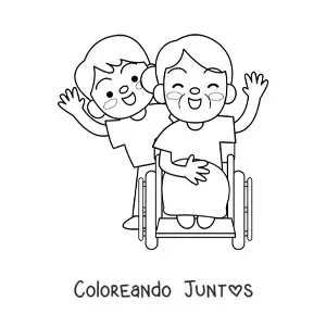 Imagen para colorear de una abuela kawaii en silla de ruedas llevada por su nieto