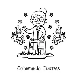 Imagen para colorear de una abuelita tierna rodeada de flores