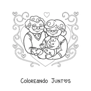 Imagen para colorear de una pareja de abuelos cargando a su nieto bebé