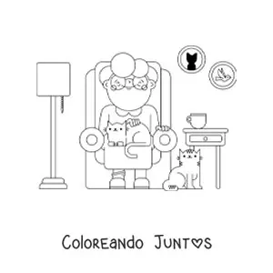 Imagen para colorear de una abuela sentada en una sala con gatos