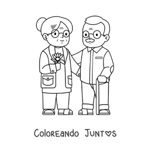 Imagen para colorear de una abuela junto a un abuelo con bastón