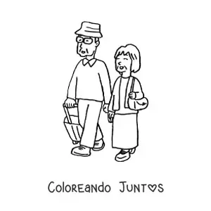 Imagen para colorear de una abuela y un abuelo con equipaje de viaje