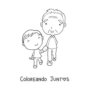 Imagen para colorear de un abuelo kawaii de pie junto a su nieto