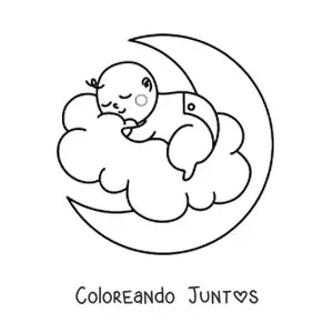 Imagen para colorear de un bebé recién nacido durmiendo en una nube sobre la Luna