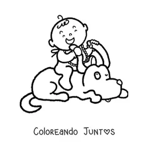 Imagen para colorear de un bebé feliz sobre un perro animado