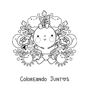 Imagen para colorear de una bebé kawaii rodeada de flores animadas