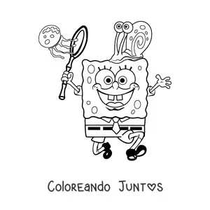 Imagen para colorear de Bob Esponja cazando medusas con Gary en la cabeza