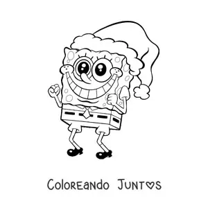 Imagen para colorear de Bob Esponja sonriente con un gorro de Navidad