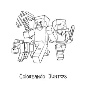Imagen para colorear de Alex y Steve de Minecraft caminando junto a un perro