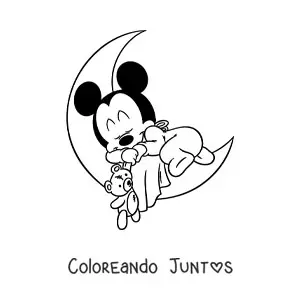 Imagen para colorear de Mickey bebé durmiendo sobre una luna sujetando un oso de peluche