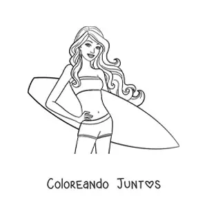 Imagen para colorear de Barbie en la playa con una tabla de surf