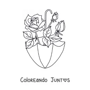 Imagen para colorear de una rosa y dos capullos de rosas dentro de una sombrilla