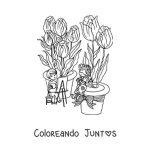 Imagen para colorear de varios tulipanes y dos niños kawaii