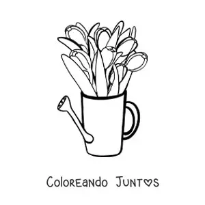 Imagen para colorear de un ramo de tulipanes en una regadera