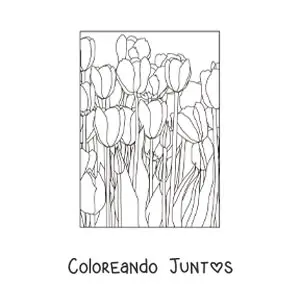 Imagen para colorear de un sembradío de tulipanes