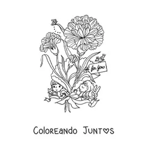 Imagen para colorear de unos claveles con niños kawaii