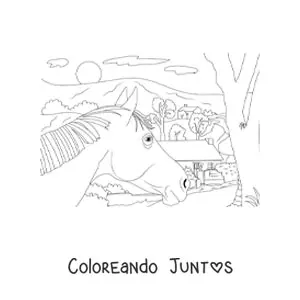 Imagen para colorear de una casa de campo con un caballo