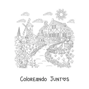 Imagen para colorear de una casa de campo con un molino