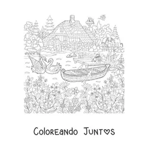 Imagen para colorear de una casa en el bosque con un lago con cisnes