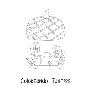 Imagen para colorear de una casa de hadas en una bellota