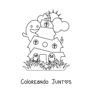 Imagen para colorear de una casa de terror con fantasmas