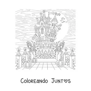 Imagen para colorear de un castillo embrujado con brujas y fantasmas