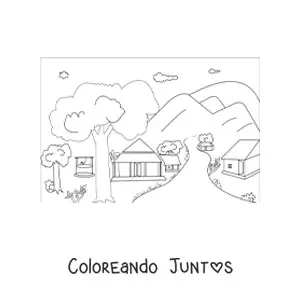 Imagen para colorear de un paisaje con varias cabañas