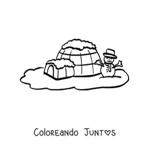 Imagen para colorear de un iglú con un muñeco de nieve