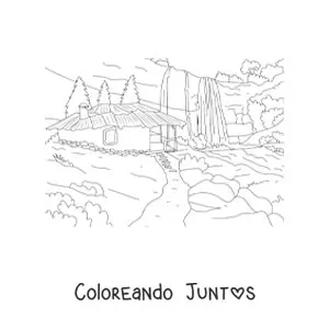 Imagen para colorear de una choza en medio de un bosque