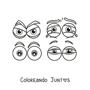 Imagen para colorear de 4 pares de ojos animados expresando diferentes emociones
