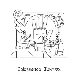 Imagen para colorear de ingenieros construyendo una mano biónica gigante