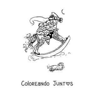Imagen para colorear de cinco niños pequeños sobre un balancín grande con forma de caballo