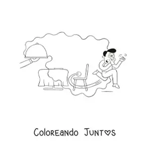 Imagen para colorear de un hombre huyendo del restaurant por el olor desagradable de su plato