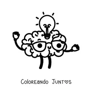 Imagen para colorear de un cerebro kawaii animado teniendo una idea, con lentes y una bombilla