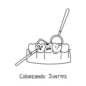 Imagen para colorear de dientes animados con caries con instrumentos de odontología