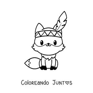 Imagen para colorear de un zorro kawaii animado sentado con una pluma de indio en la cabeza