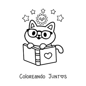 Imagen para colorear de un gato kawaii con libro abierto
