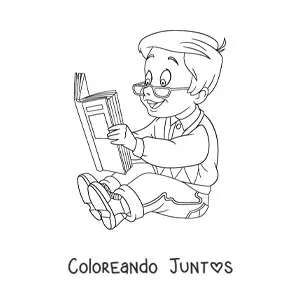 Imagen para colorear de un niño con lentes leyendo un libro