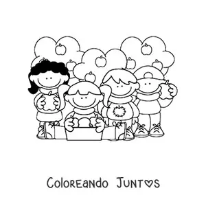 Imagen para colorear de niños comiendo manzanas con árboles manzanos de fondo