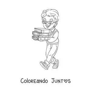 Imagen para colorear de un niño cargando con varios libros apilados