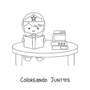 Imagen para colorear de una niña superheroína kawaii leyendo un libro