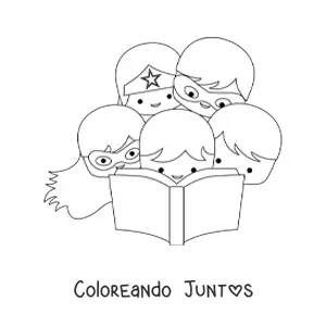 Imagen para colorear de varios niños superheroes leyendo un libro juntos