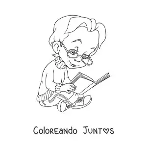 Imagen para colorear de una niña con lentes sentada leyendo un libro