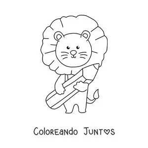 Imagen para colorear de un león kawaii sosteniendo un lápiz