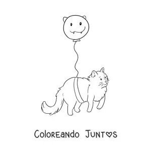 Imagen para colorear de un gato kawaii amarrado a un globo