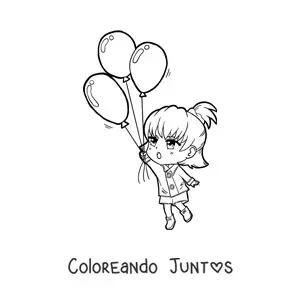 Imagen para colorear de una niña kawaii volando con tres globos