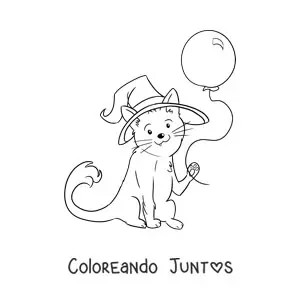 Imagen para colorear de un gato kawaii disfrazado con un globo de Halloween