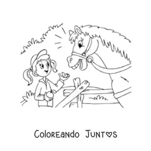Imagen para colorear de una niña alimentando a un caballo con una manzana