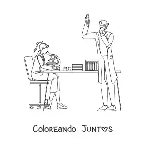 Imagen para colorear de dos científicos con microscopio en un laboratorio
