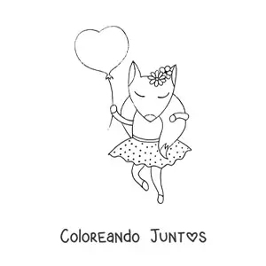 Imagen para colorear de un zorro animado con vestido sosteniendo un globo en forma de corazón